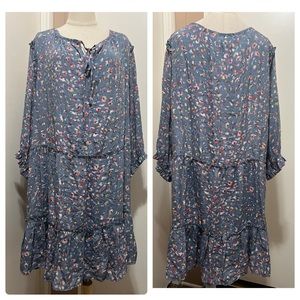 New Robert Louis Dress Womens 3X Elastic Sleeve Lined Tiered Blue Abstract Artsy